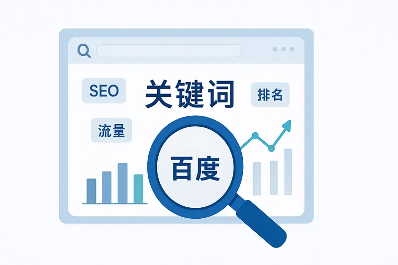 一张展示SEO关键词研究策略的插图，图中包含放大镜和数据图表