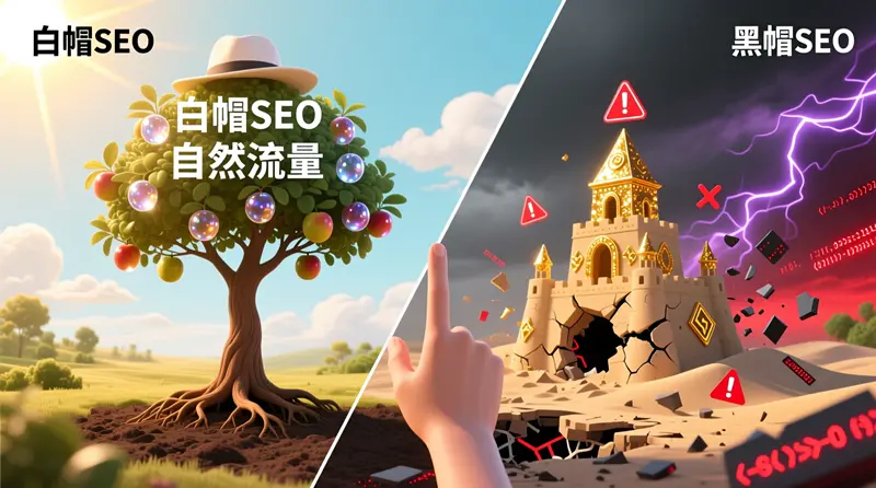 白帽SEO与黑帽SEO的对比图，象征着为网站选择一条通往长期稳定发展的正确道路