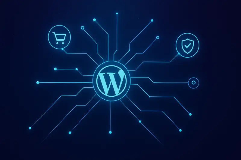 一张信息图，展示了WordPress建站的核心优势，包括灵活性、SEO友好和强大的插件生态系统