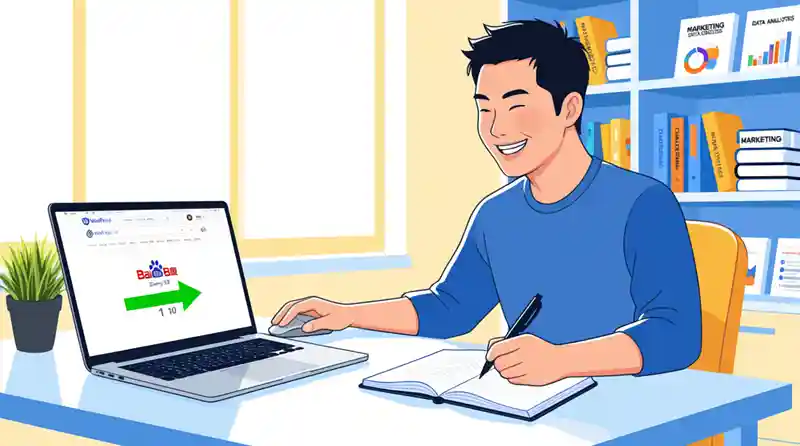 位新手正在学习如何做SEO，并看到了网站在百度排名提升的图表示意