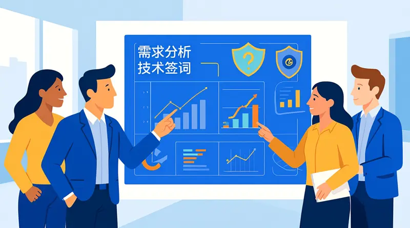 一张展示益阳网站建设团队正在规划网站蓝图的插画，图中包含用户界面和SEO图表元素